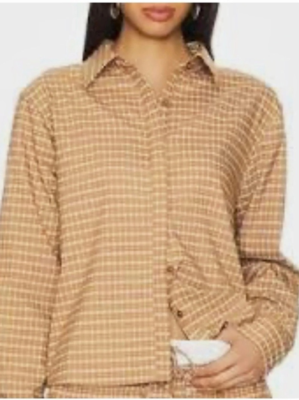 Lioness Clarity Shirt Plaid Cotton Button Down Brown & White Large